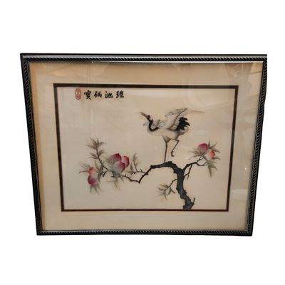 Traditional Chinese Silk Embroidery– Crane with Blossoming Peach Tree