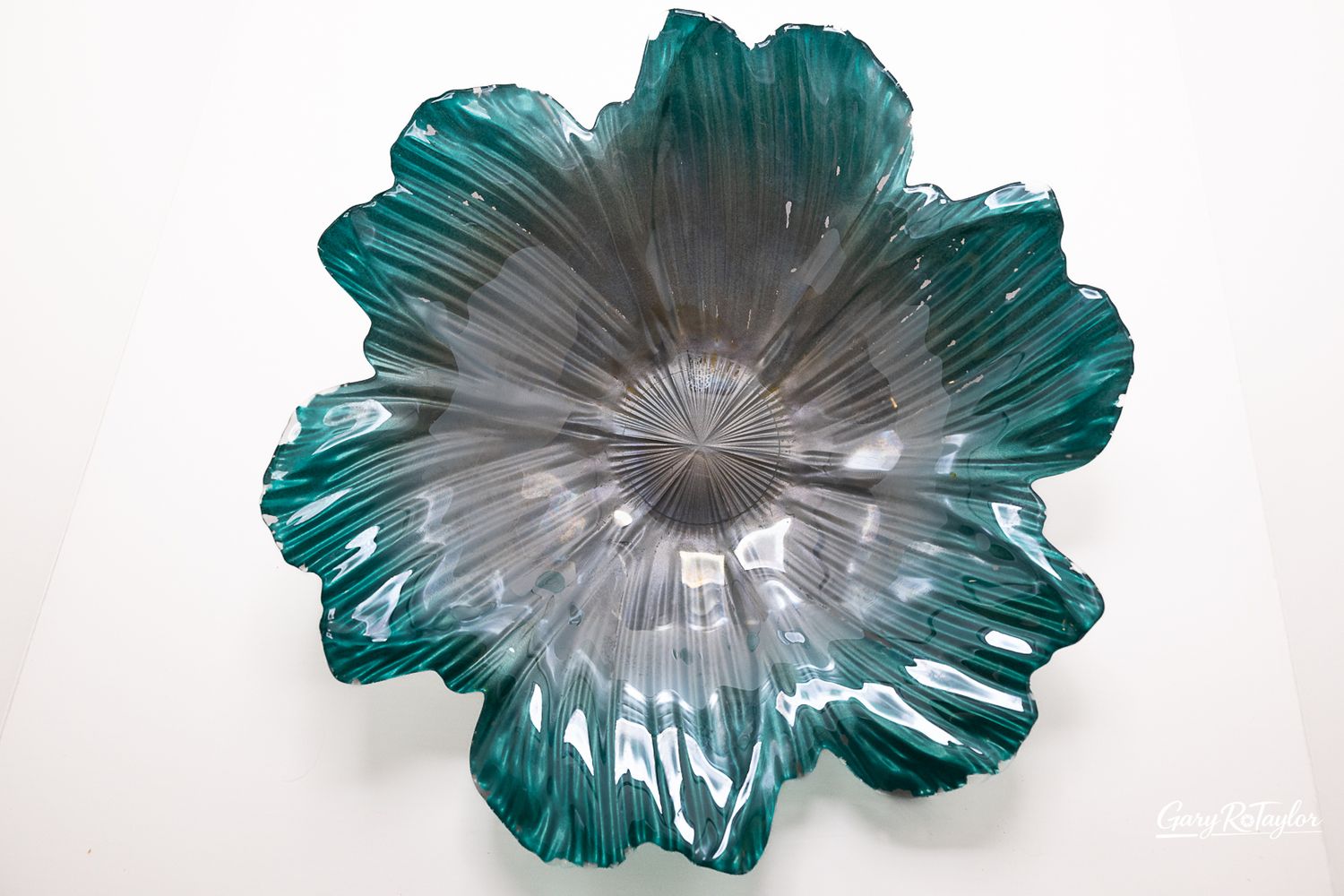 Turquoise Molded Glass Flower Bowl