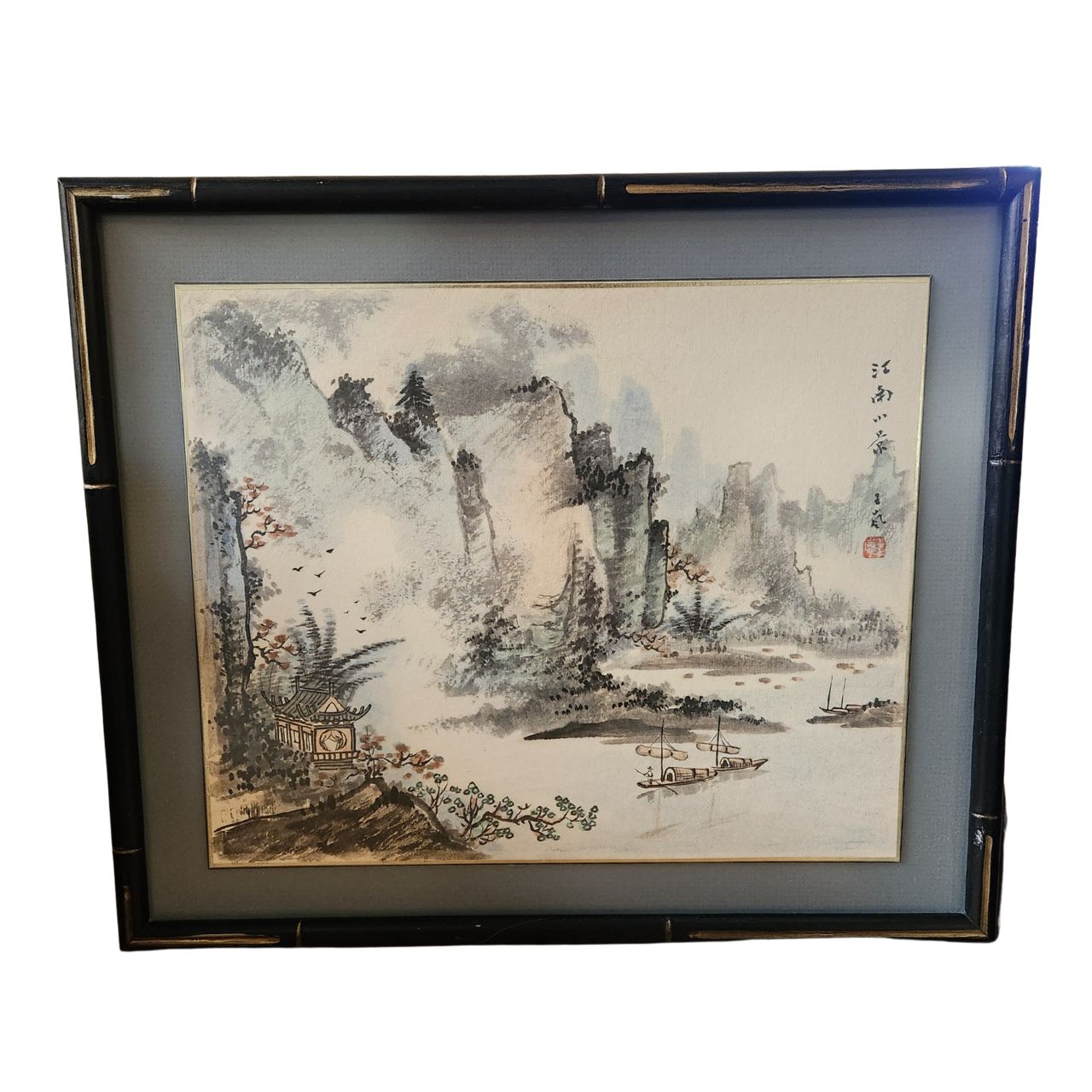 Framed East Asian Watercolor – Misty Mountain Landscape with Pagodas