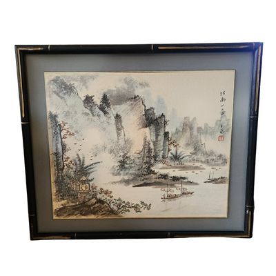 Framed East Asian Watercolor – Misty Mountain Landscape with Pagodas