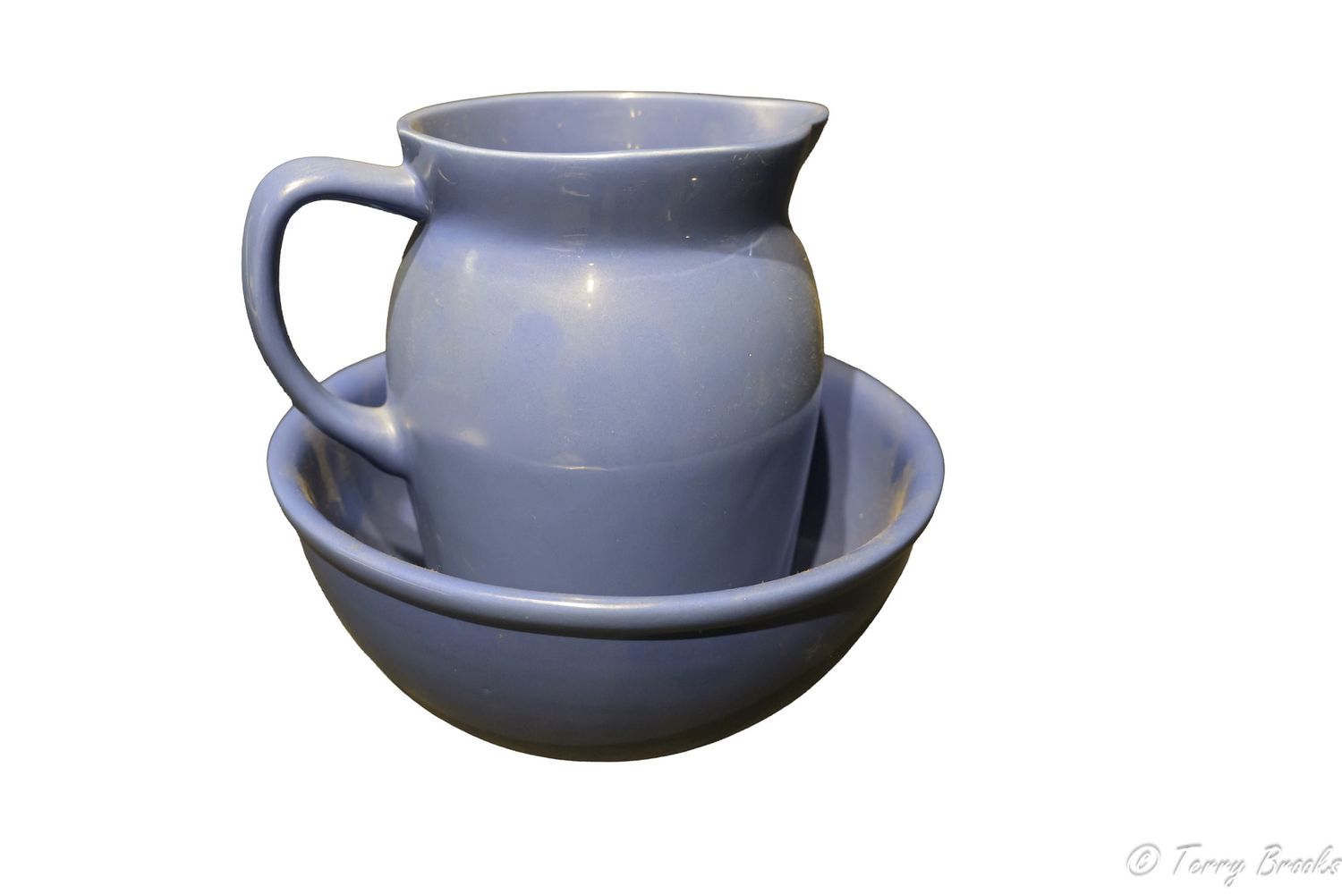 Vintage Blue Stoneware Pitcher and Bowl