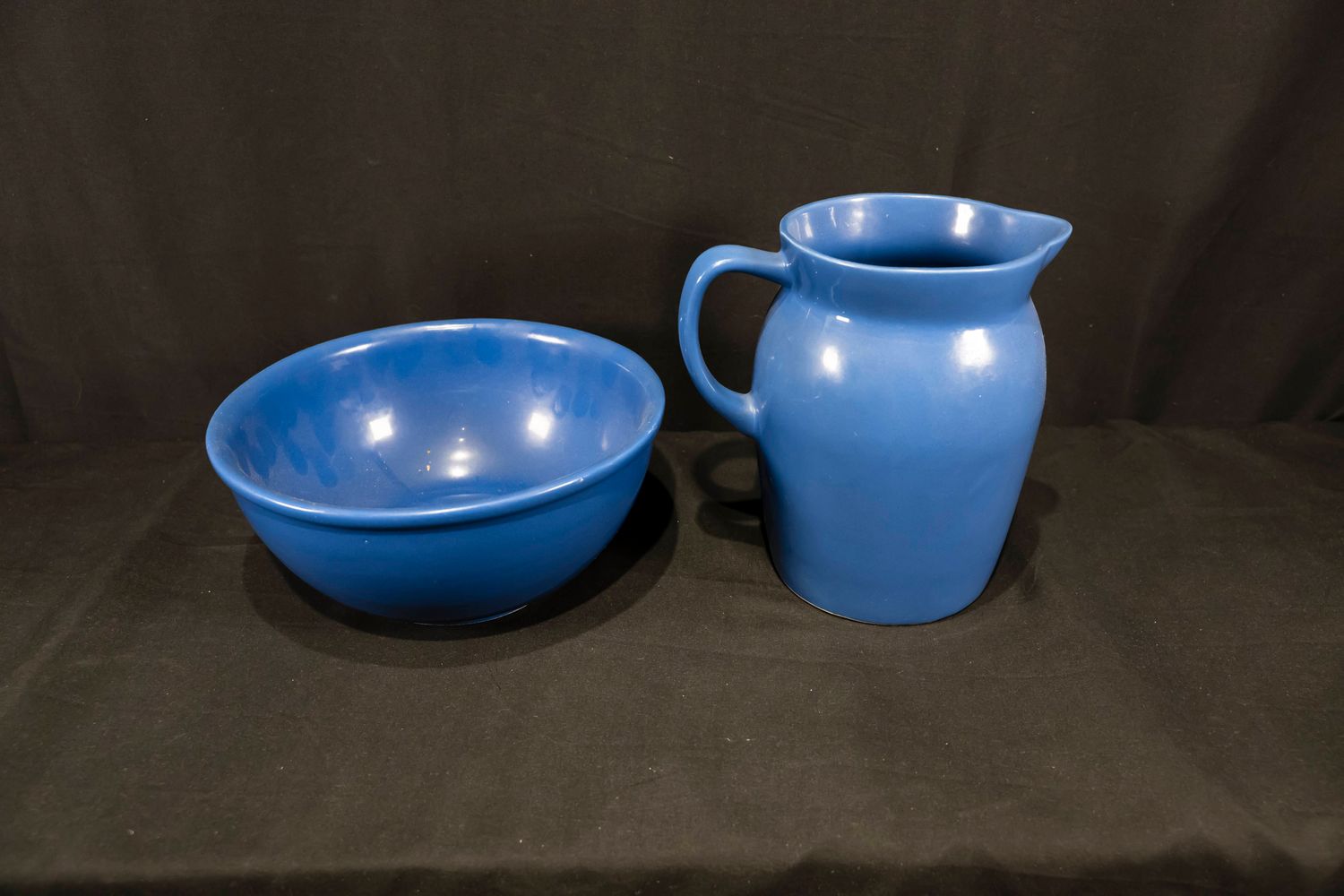 Vintage Gaetano Blue Stoneware Pitcher and Bowl