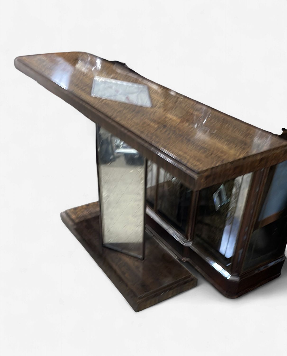 Art Deco eucalyptus veneer, antique mirror insert, mirror-paneled-pedestal console table by Theodore Alexander 04.01.26