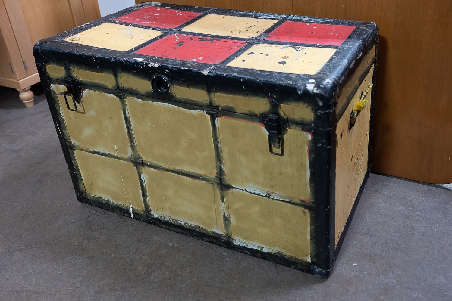 Vintage Yellow and Red Steamer Trunk