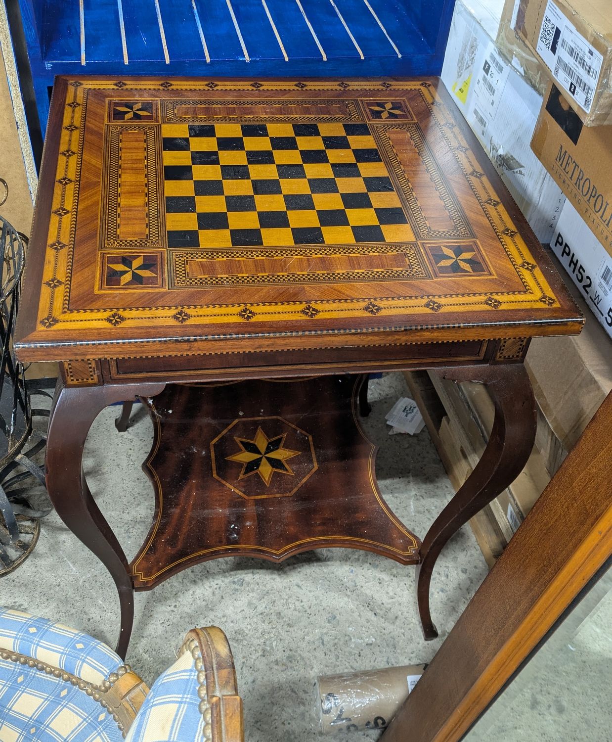 Antique Dated 1910 Inlay Checkerboard Two Tier Game Table