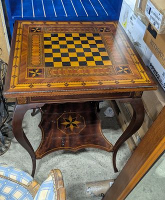 Antique Dated 1910 Inlay Checkerboard Two Tier Game Table