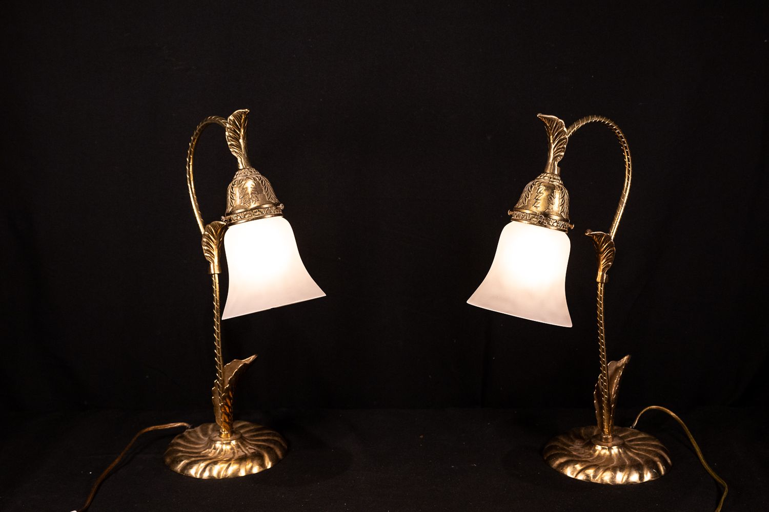 Vintage Flower Shaped Brass Table Lamps with Frosted Glass Shades