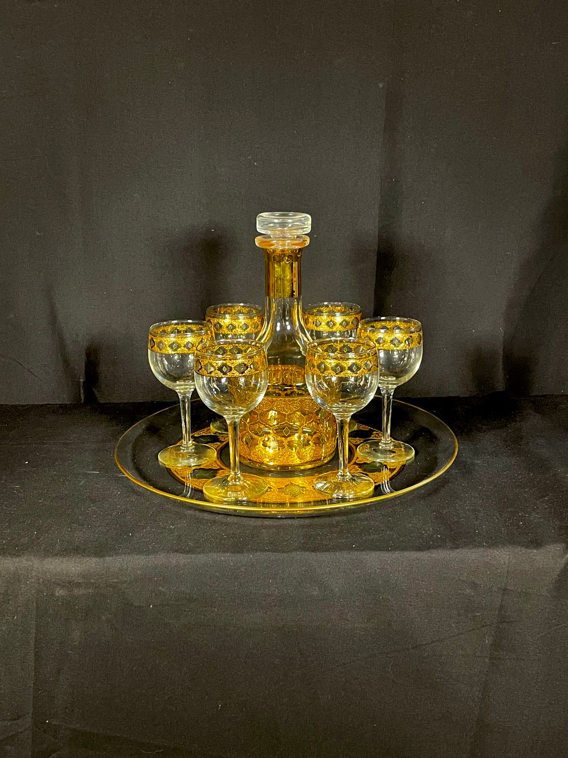 Mid Century Culver Valencia Decanter, Platter, and Glasses Set