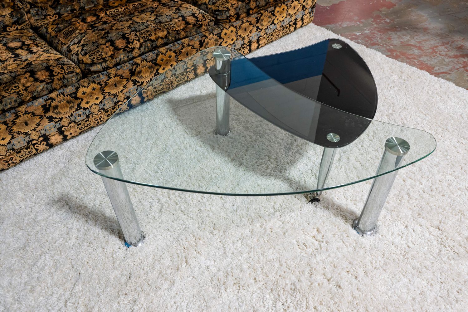 Postmodern Two-Tier Glass Coffee Table with Rotating Lower Tier