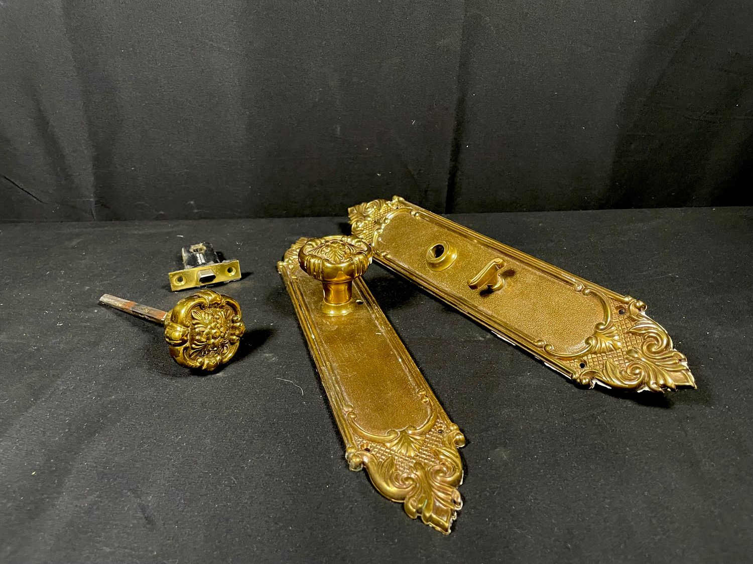 Set of Two Brass Knobs and Matching Plates, and Matching Single Knob