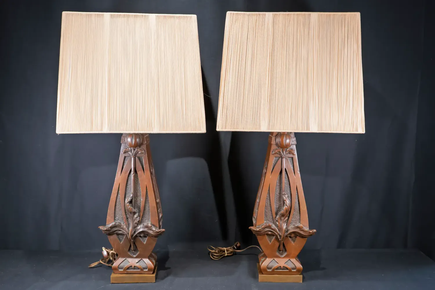 Pair of Vintage Bronze, Floral Art Deco Table Lamps