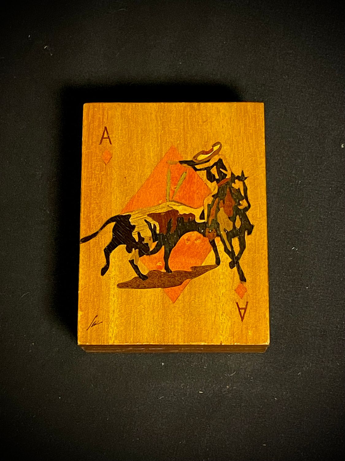 Vintage Jesus Salmon Wooden Marquetry Playing Card Box from Mexico
