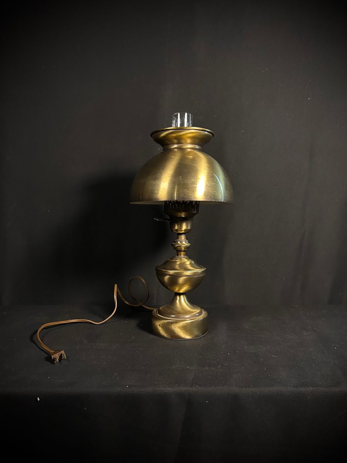 Vintage Brass Hurricane Lamp with Shade - Converted Electric