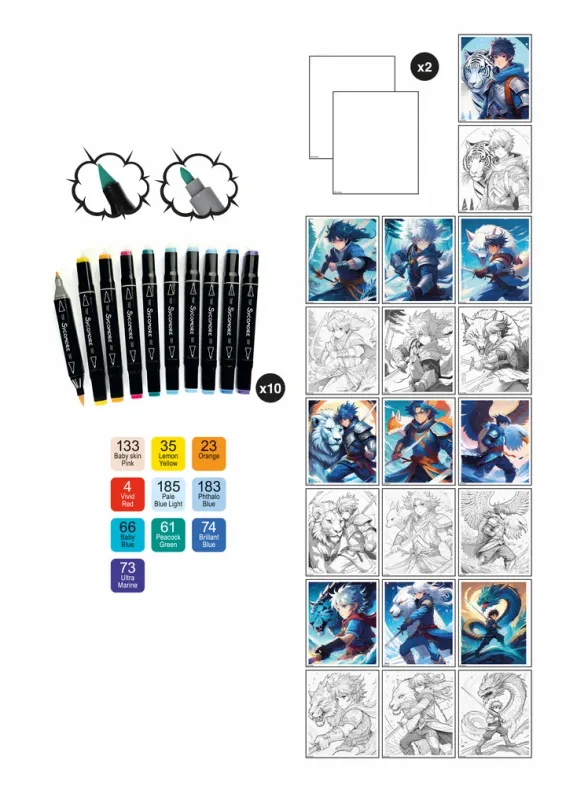 Coloring Set Manga Warrior Heroes &amp; Markers
