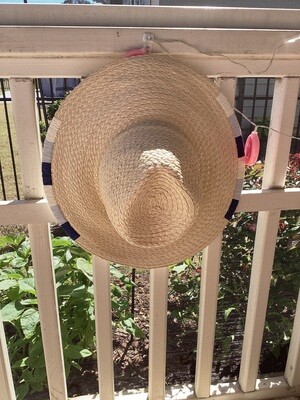 Tan Wicker Cowgirl Style Sun Bonnet with White Trim and White Border