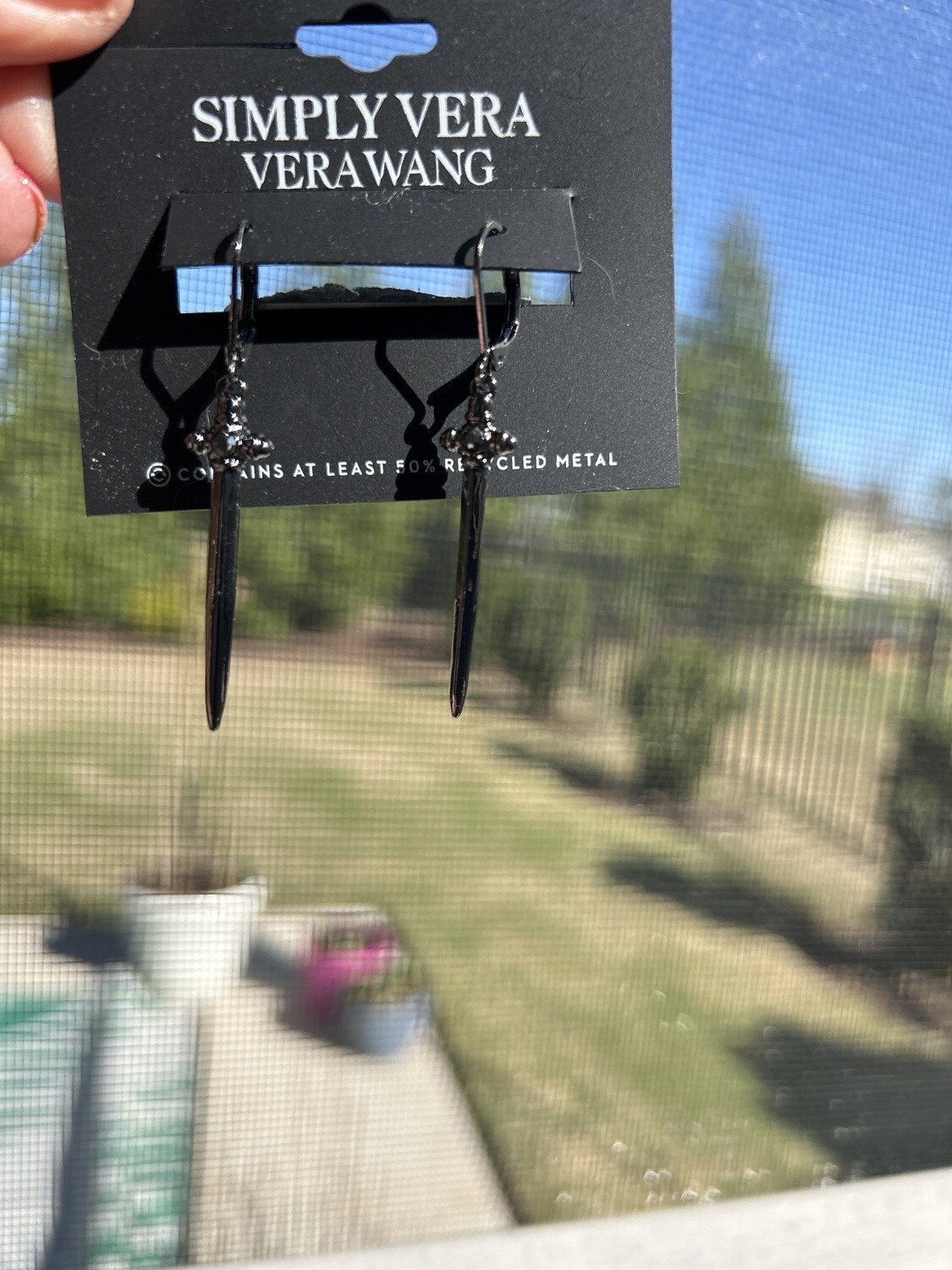 Vera Wang Black Tone Sword Earrings with Black Crystal