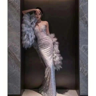 Sexy Gray Strapless Fishtail Evening Dress Women&#39;s 2023 New Bridal Toast Dress Host Performance Wedding Dress