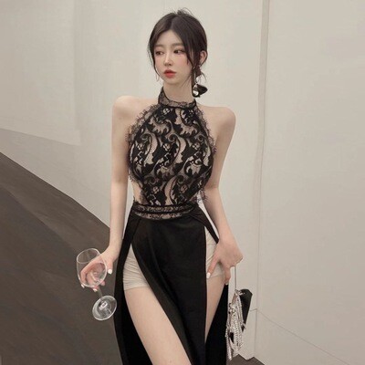0006 Europe, America And Southeast Asia Foreign Trade Wholesale 2024 Sexy Backless Perspective Lace High Split Long Dress