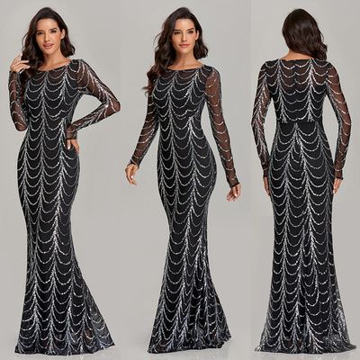 Spring And Summer 2024 New Slim-fit Banquet Fishtail Dress Elegant Party Sequin Long-sleeved Round Neck European And American Evening Dress Large Size