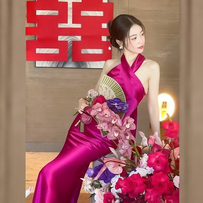 Bridal New Chinese Morning Gown For Women 2024 Spring New Morning Photography Sexy Wedding Dragon Fruit Rose Red Dress