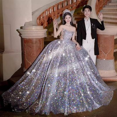 Photo Studio Photo Theme Clothing New Couple Indoor Sequins Light And Shadow Advanced Sense Small Tail Tube Top Wedding Dress