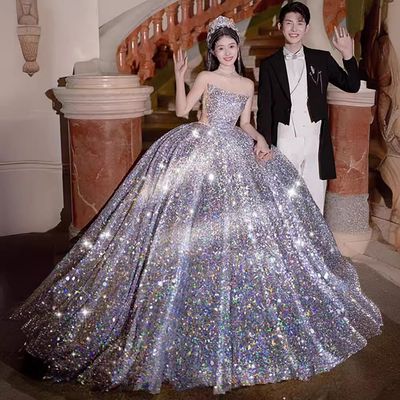 Studio Theme Strapless Trailing Sweet Fashion High-set Sequins Wedding Dress Indoor Photography Show Photo Clothing