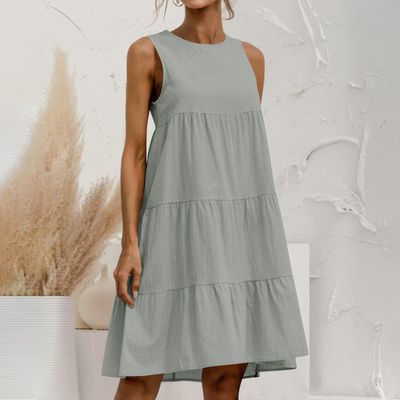 Amazon 2023 Summer Cross-border New Large Size Women&#39;s Cotton And Linen Sleeveless Stitching Loose Round Neck Solid Color Dress