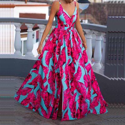 Summer Printed Waist Dress Women&#39;s 2024 Foreign Trade Women&#39;s Clothing Ins V-neck Low-cut Party Large Skirt Dress