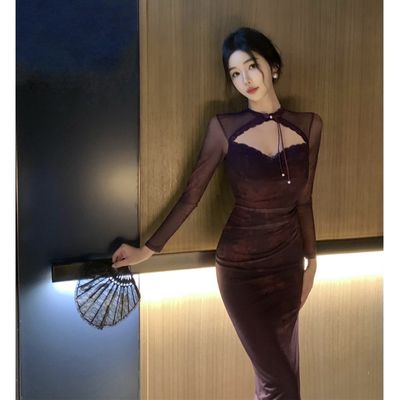 2024 New High Sexy Cheongsam Purple Lace Dress Women&#39;s Early Spring Slim-fit Hip Dress Evening Dress