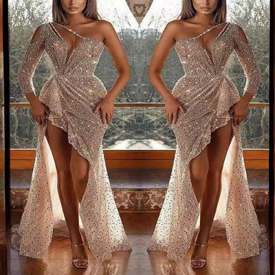 2024 Cross-border Women&#39;s Fantasy Celebrity Party Quality Sexy High Split Long Sleeve Sequin Banquet Evening Dress