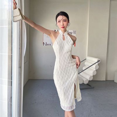 Elegant Improved Cheongsam Neck-hanging Dress Women&#39;s Summer Design Sense Niche Split Mid-length Dress Gentle Hip Skirt
