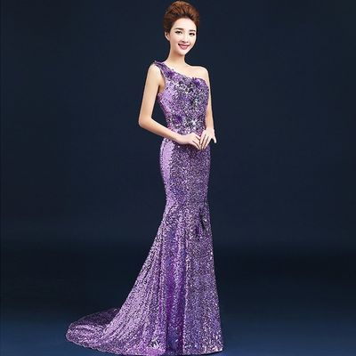 Purple Long Annual Banquet Evening Dress 2023 Sexy One-Shoulder Slim-Fit Flower Sequin Presenter Fishtail Dress