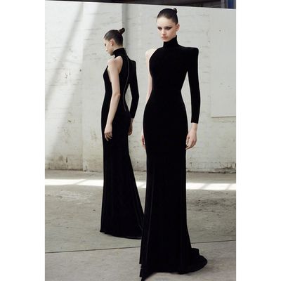 Fashion Show 2023 New Shoulder Long Sleeve High Collar Fishtail Slim-fit Small Trailing Slim-fit Evening Dress Black Skirt