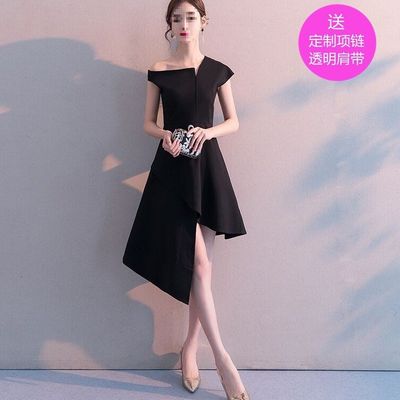 Hepburn Style Small Black Dress Mid-length Dress French Fashion Young Slimming Irregular Off-shoulder Dress Small Dress