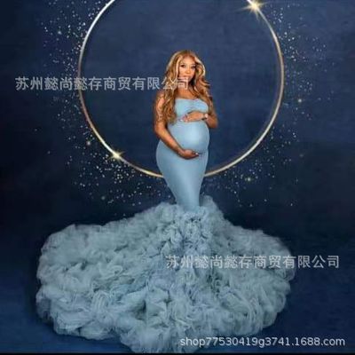 European And American Foreign Trade Mesh Morning Gown Pregnant Women&#39;s Large Size Wedding Dress Photo Studio Photography Sexy Slim Tail Dress