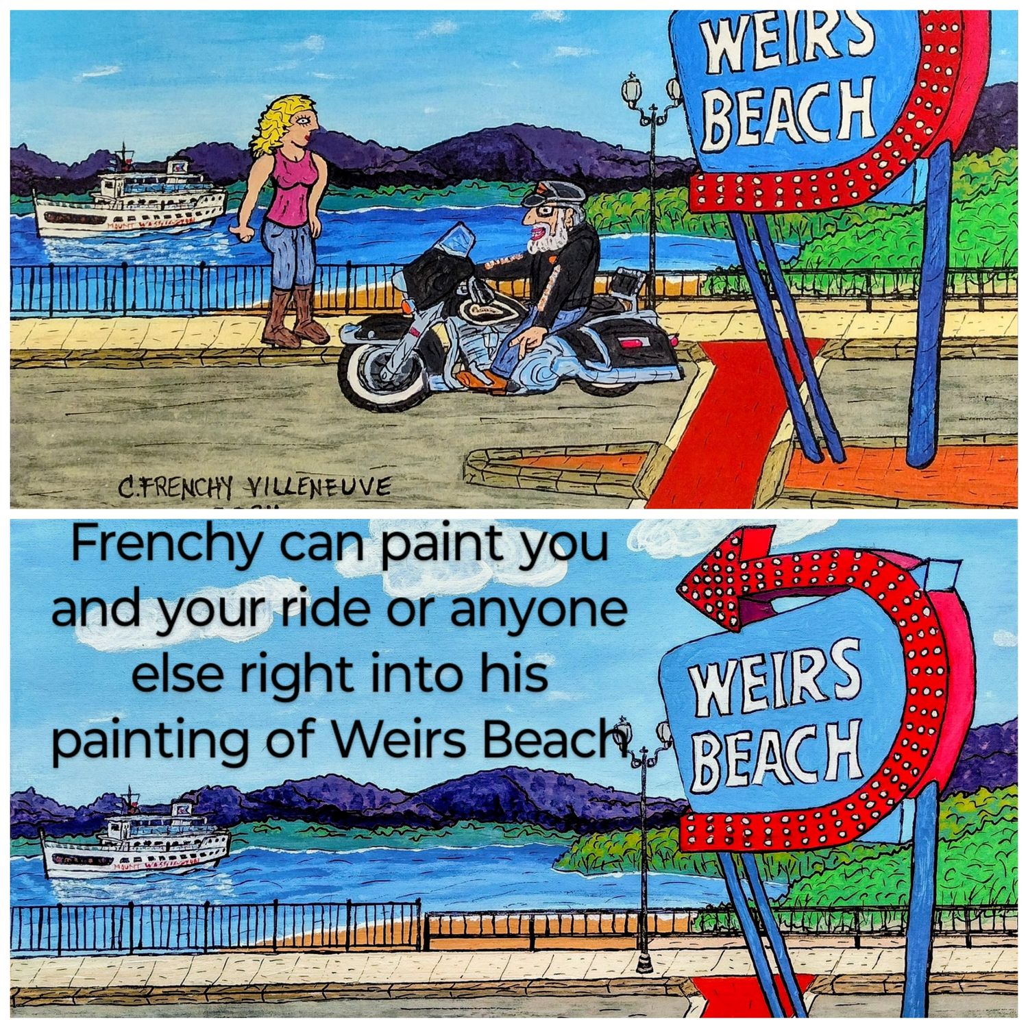 Get Yourself &quot;Frenchyfied&quot; at Weirs Beach NH, with the Old Man ON the Mountain, At the Bridge in Bristol, NH, At the Docks in Sunapee Harbor  and MORE! in an 8x10 or 11x14 - Hand Embellished Painting.