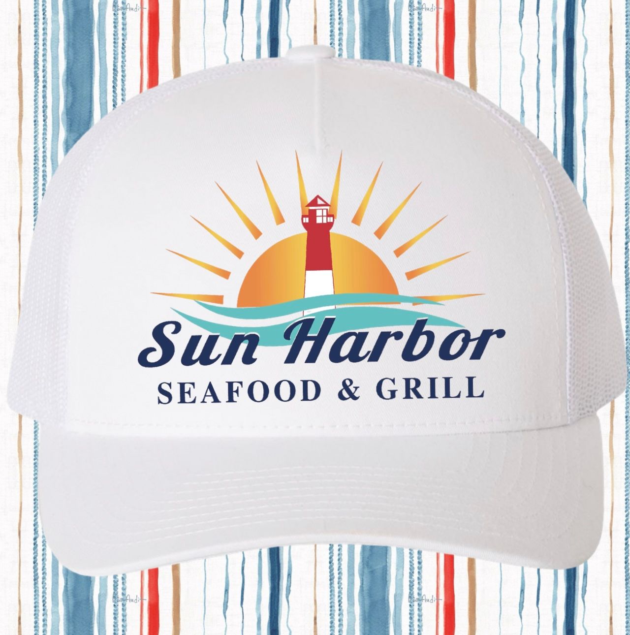 SUN HARBOR EMBROIDERED RETRO TRUCKER HAT / WHITE
