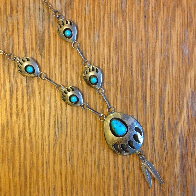 Sterling Bearpaw Shadowbox Necklace w/Feathers Signed RB