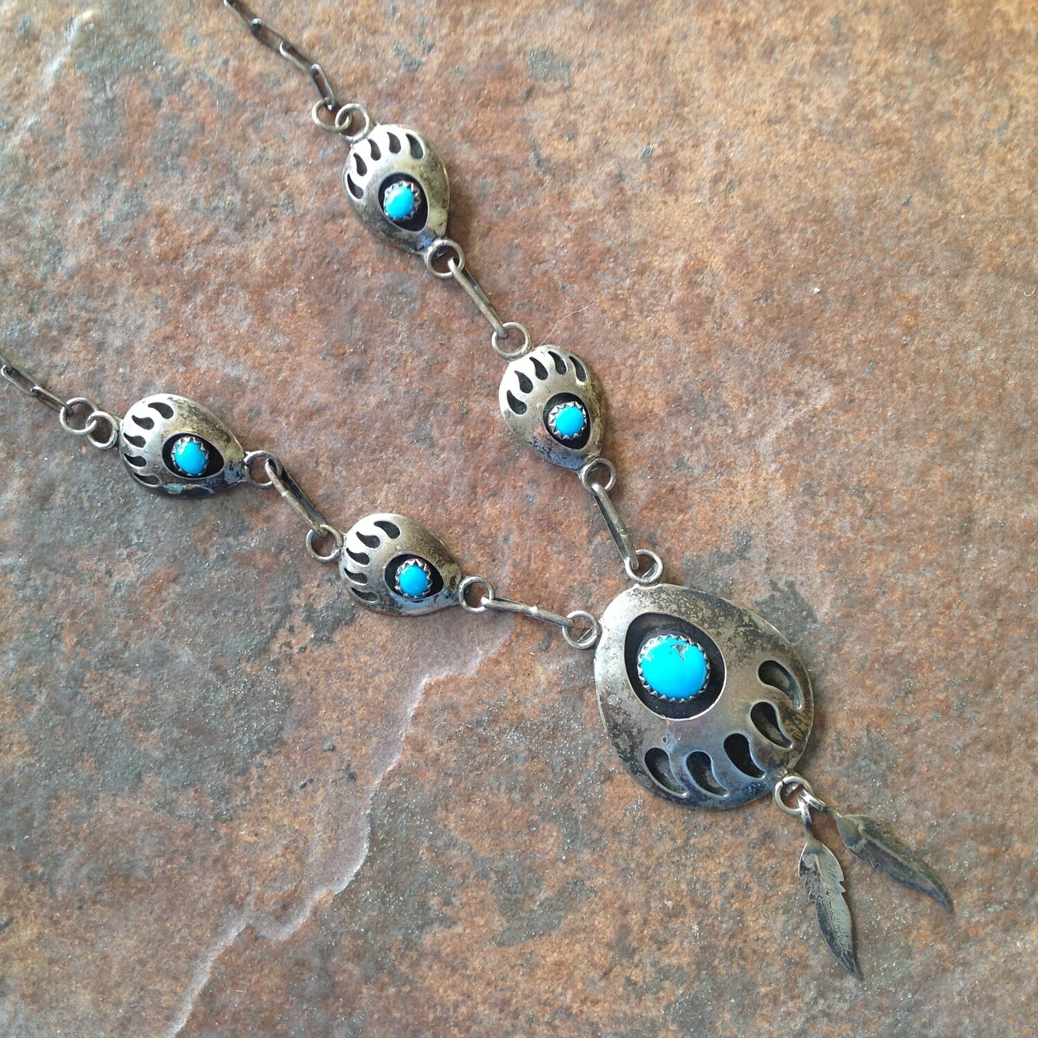 Sterling Bearpaw Shadowbox Necklace w/ Feathers