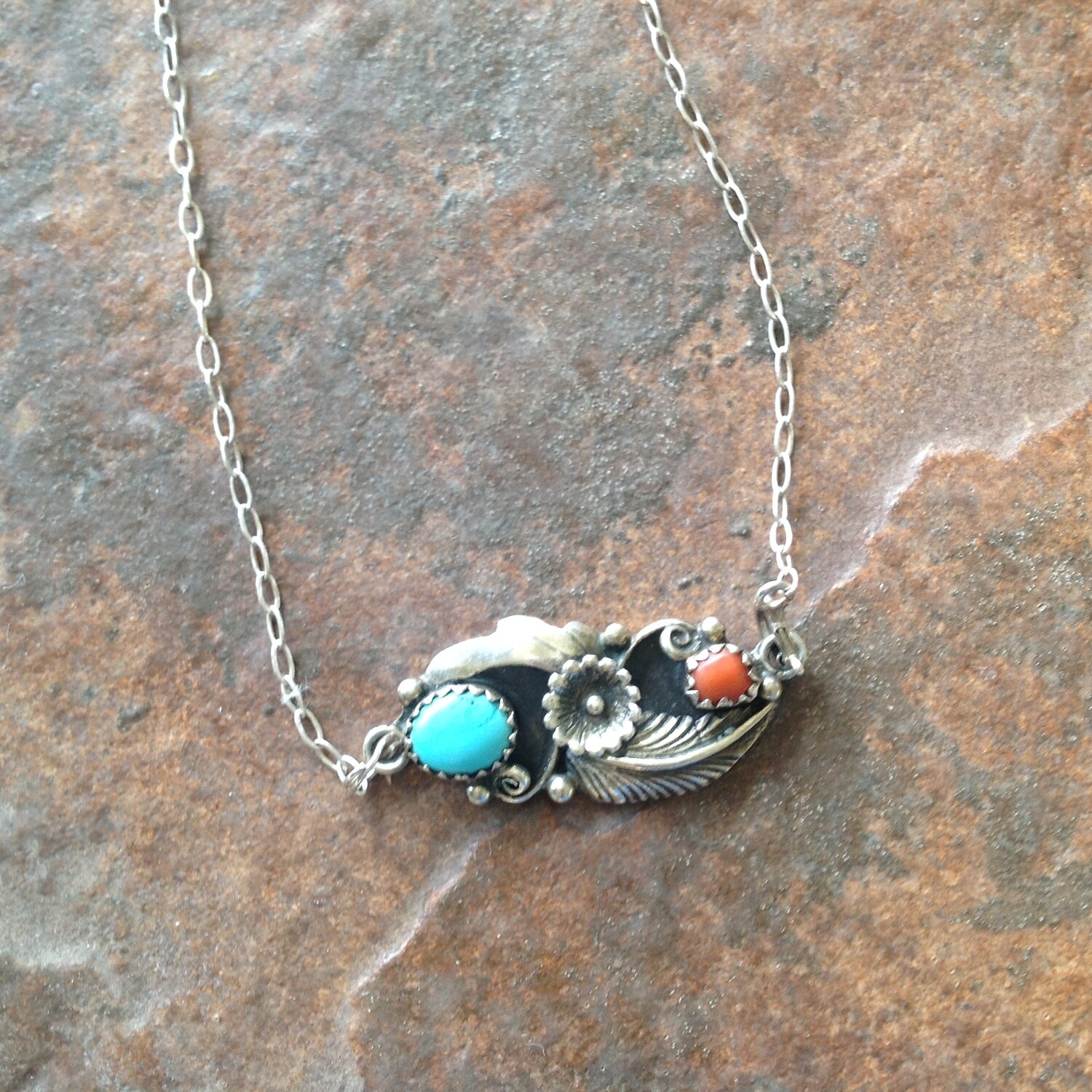 Turquoise &amp; Coral Flower Necklace
