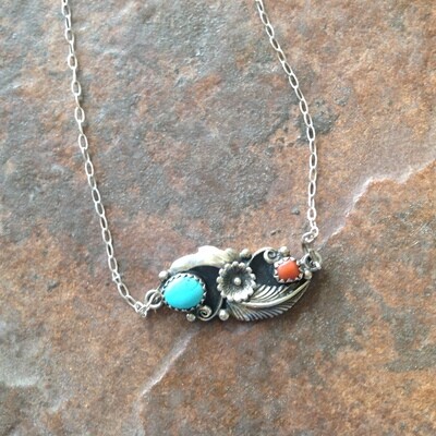 Turquoise &amp; Coral Flower Necklace