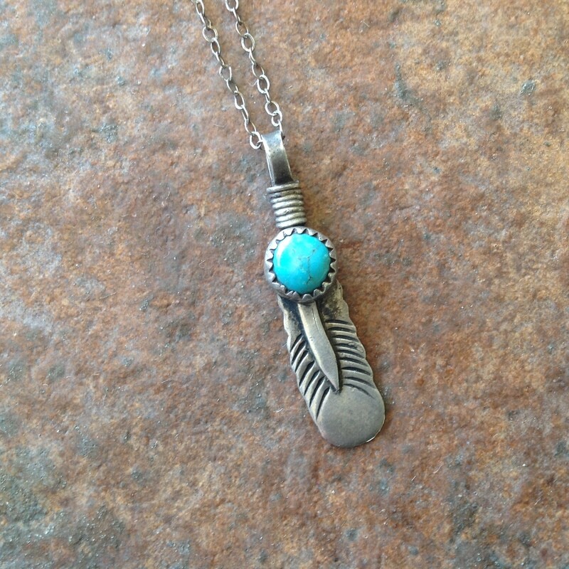 Vintage Sterling Feather Necklace w/ Turquoise