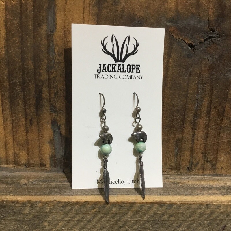 Silver Bear + Feather Turquoise Dangle Earrings