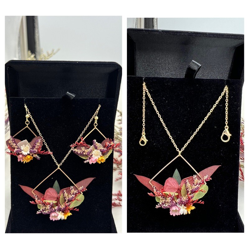 Parure de Bijoux de Mariée Aurora en Fleurs Éternelles: Collier, Boucles d'Oreilles & Collier de Dos, Losange, Couleur Pastel & Champagne