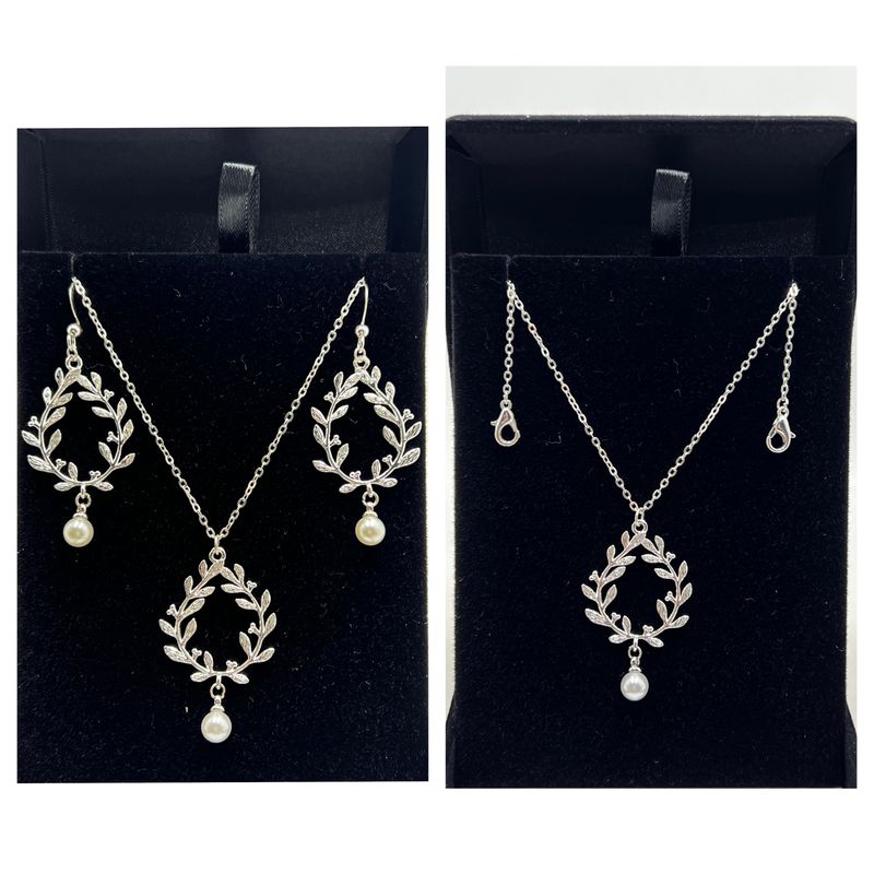 Parure Aurora : Feuilles d'olivier Argentées et Perle Nacrée, Élégance Naturelle. Collier, Boucles d'Oreilles & Collier de Dos, Bijoux pour Mariées, Témoins et Demoiselles d'Honneur.