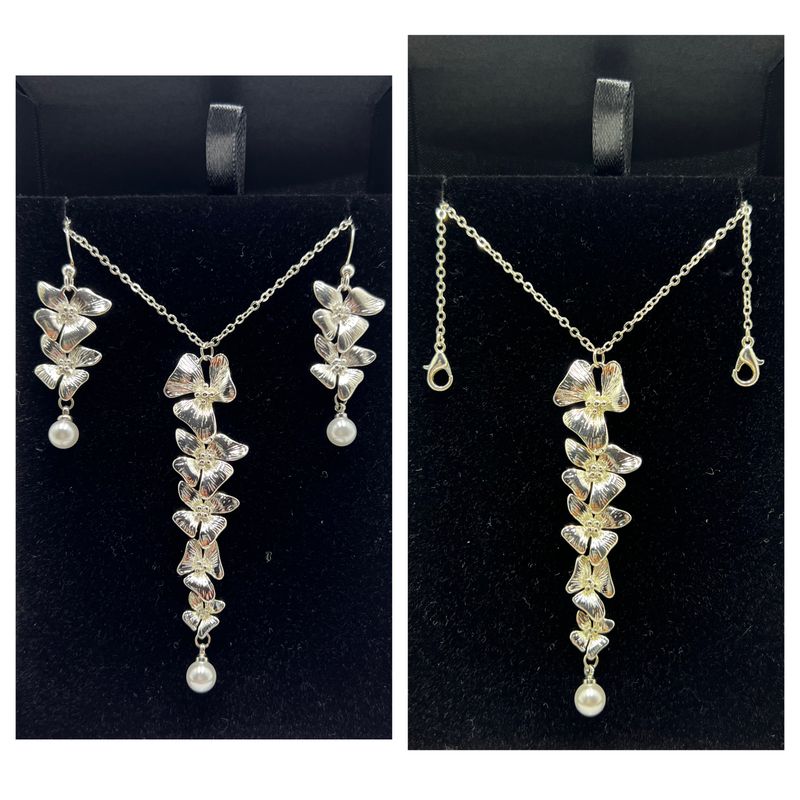 Parure Aurora : Précieuse Amarante Argentée et Perle nacrée, Élégance Naturelle. Collier, Boucles d'Oreilles & Collier de Dos, Bijoux pour Mariées, Témoins et Demoiselles d'Honneur.