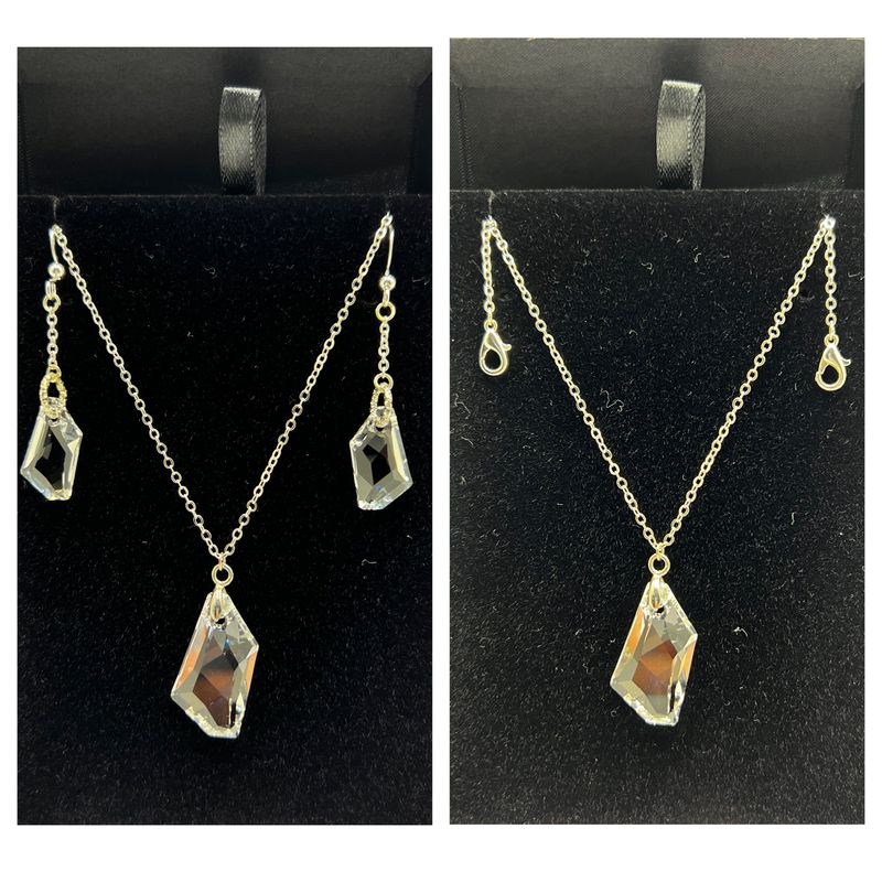 Parure Aurora en Cristal Biseauté Abstrait et Transparent: Collier, Boucles d'Oreilles & Collier de Dos, Bijoux pour mariées, témoins, demoiselles - d'honneur