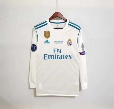 Real Madrid 2017/18 Home UCL Final Men&#39;s Long Sleeve Jersey- Retro