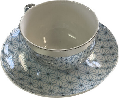 Teetasse & Unterteller "Blume des Lebens" hellblau