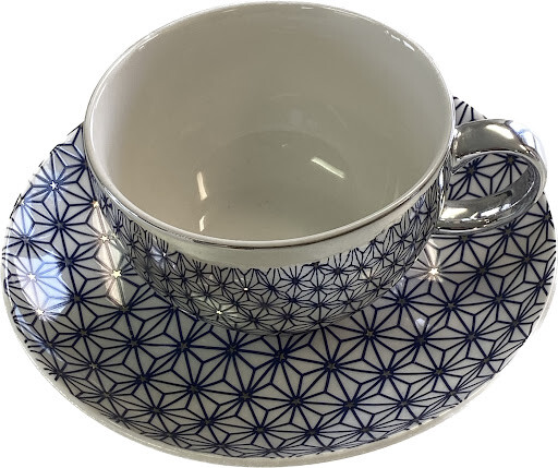 Teetasse & Unterteller "Blume des Lebens" dunkelblau